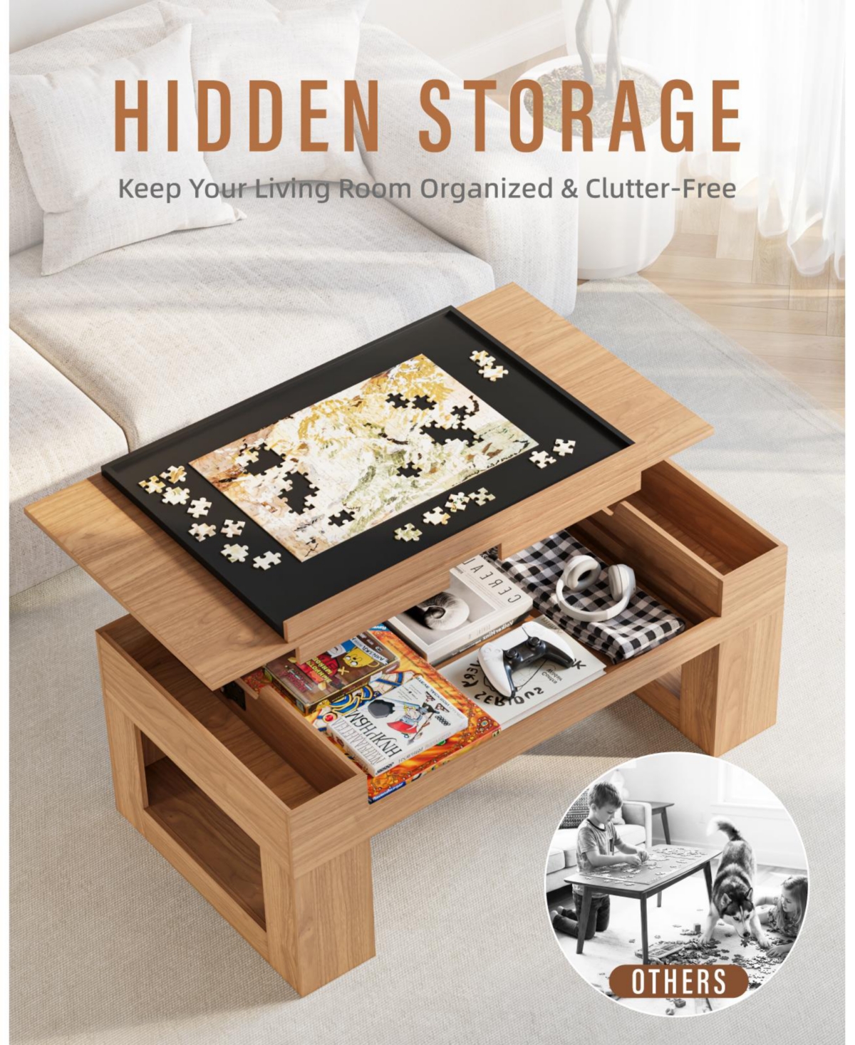 Sugift Lift Top Coffee Table with Puzzle Tray, Modern Wood Center Table with Hidden Storage and Charging Station for Living Room