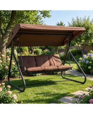 3-Seat Outdoor Patio Swing with Adjustable Canopy, Convertible Swing Bed with Stand, Glider Swing with Cup Holders