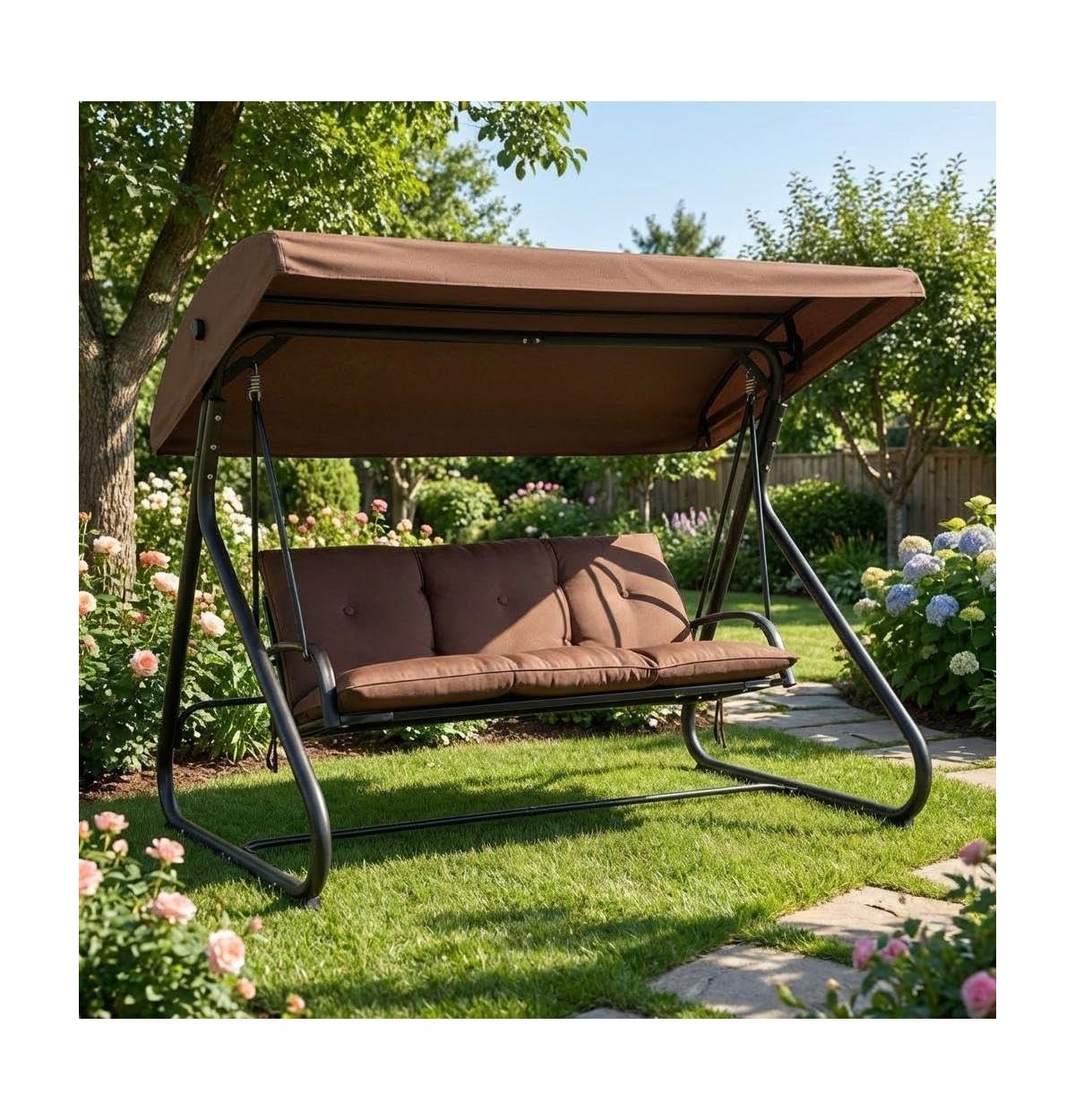 gaomon 3-Seat Outdoor Patio Swing with Adjustable Canopy, Convertible Swing Bed with Stand, Glider Swing with Cup Holders - Brown
