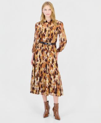 Women's Long-Sleeve Belted Midi Shirt Dress