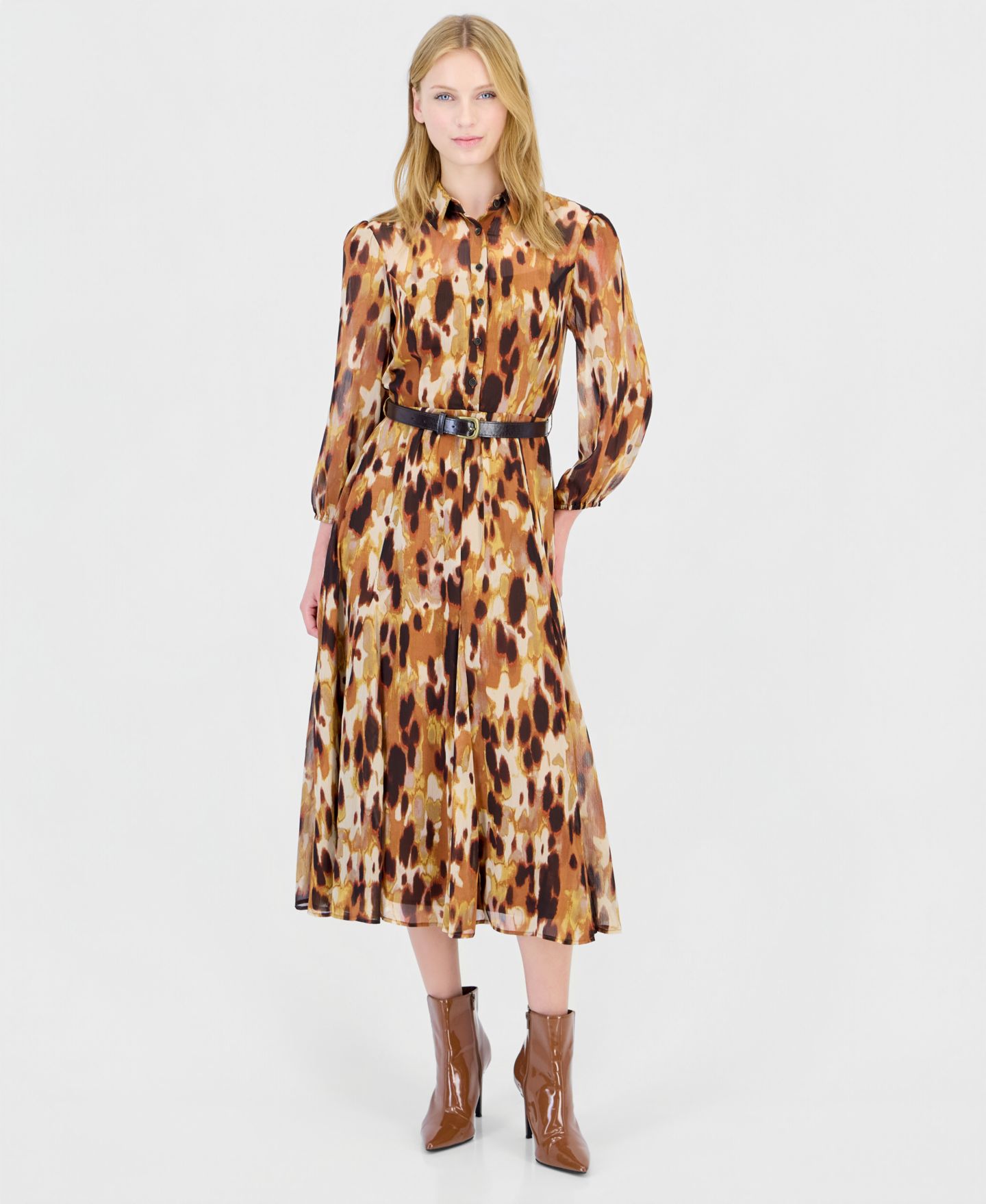 Женское платье Tahari ASL Long-Sleeve Belted Midi Shirt Dress, цвет: Светло-коричневый — фото 1