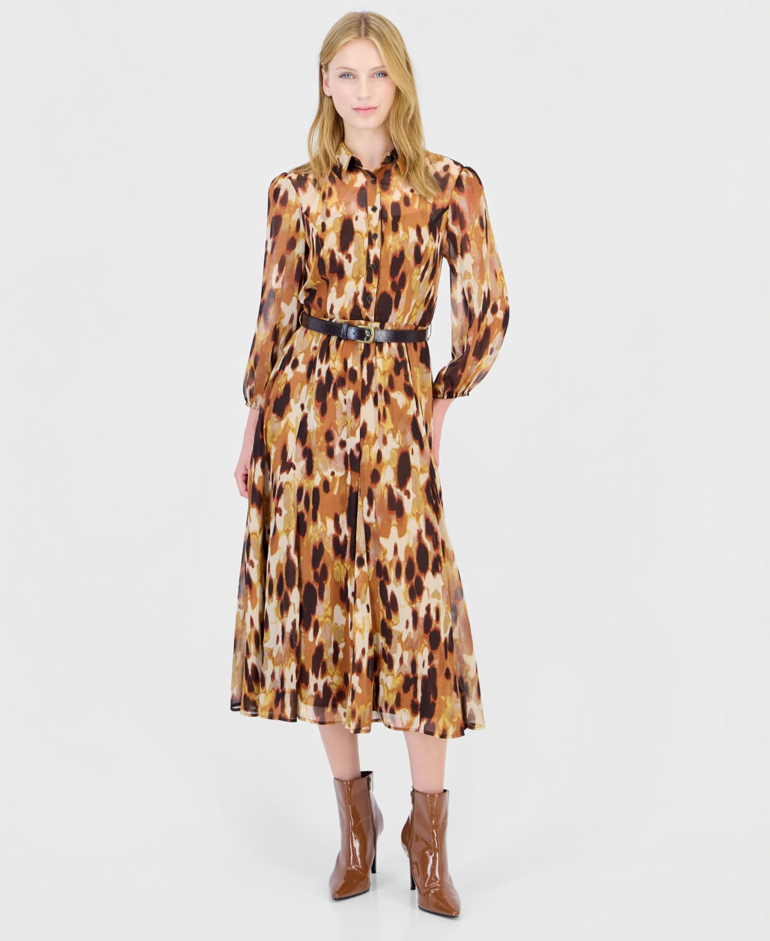 Women's Long-Sleeve Belted Midi Shirt Dress