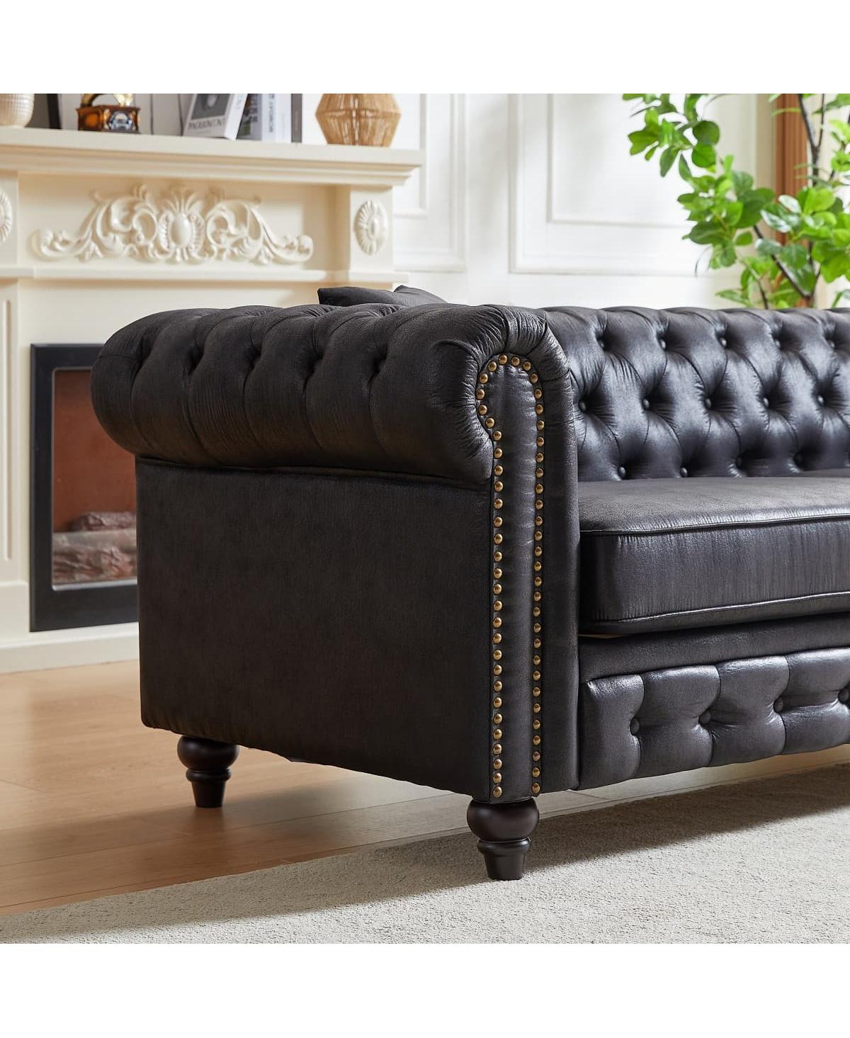 Maison Boucle 85.5'' Wide Chesterfield Sofa, Polyester 3 Seater Couch, 2 Pillows