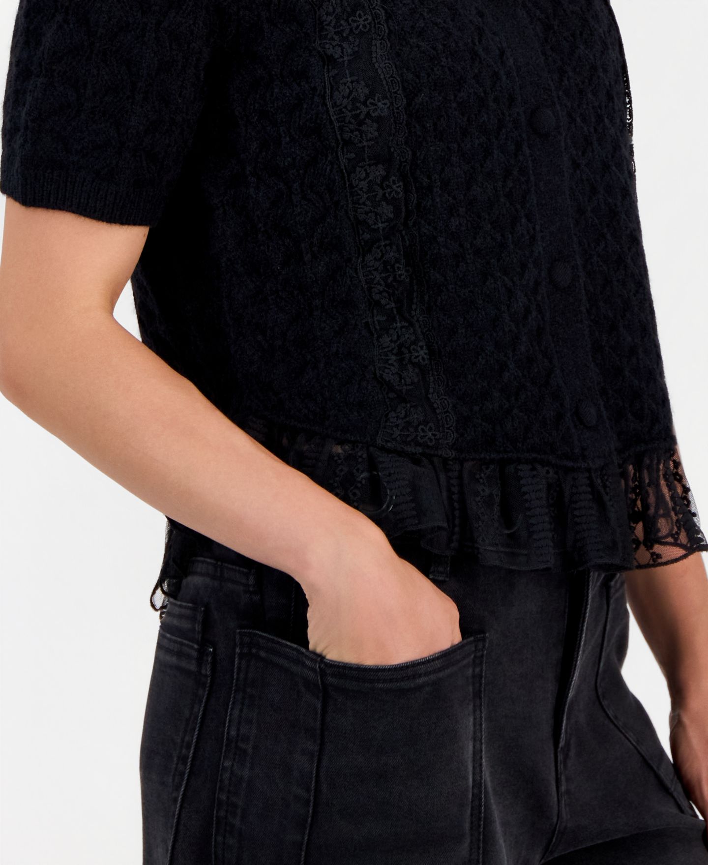 Женский кардиган And Now This Petite Pointelle Lace-Hem Short-Sleeve Cardigan, цвет: Чёрный — фото 4