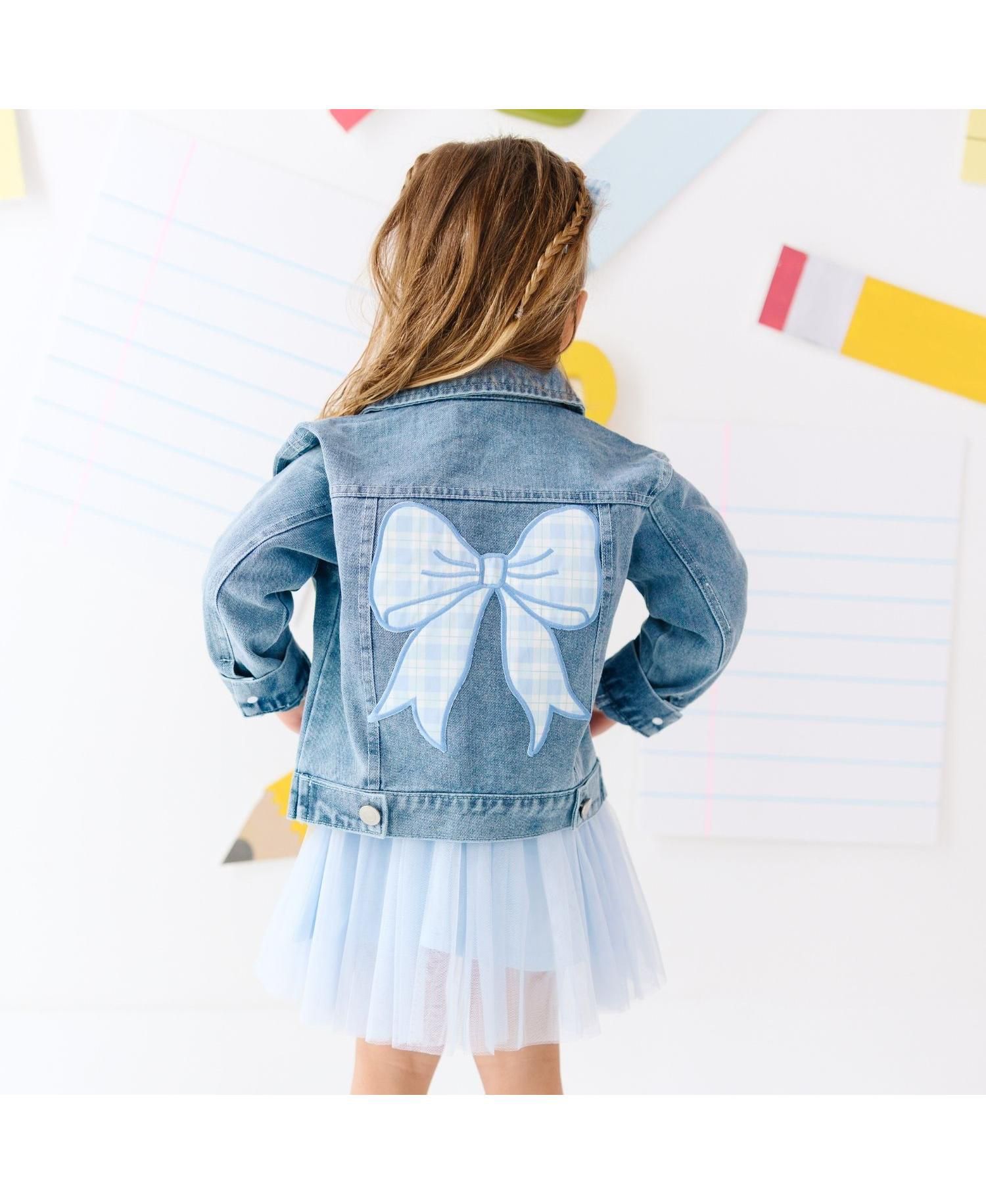 Little Girls Blue Plaid Bow Patch Denim Jacket