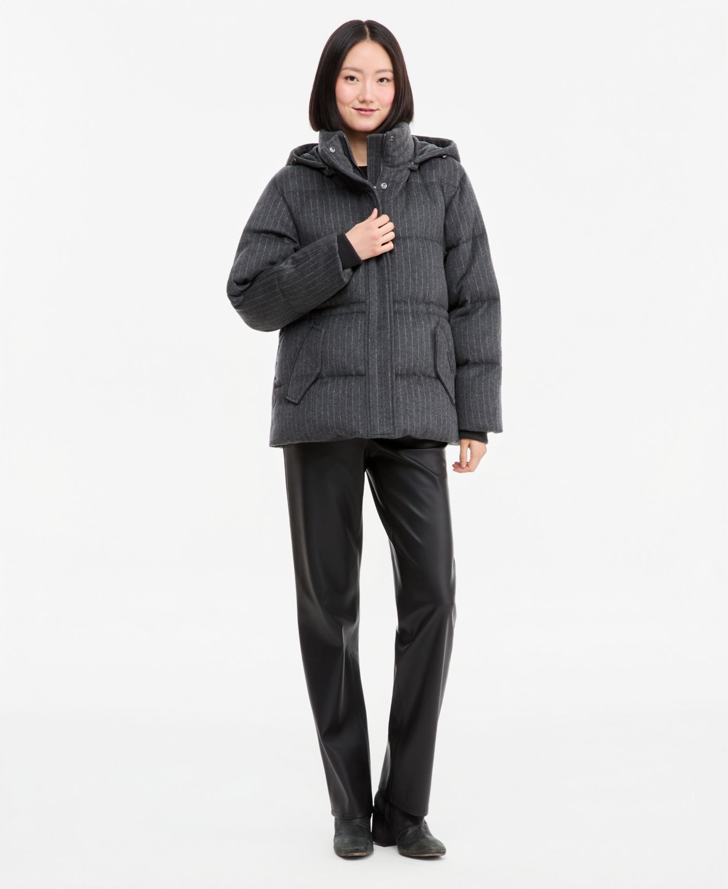 Women's Pinstripe Quilted Hooded Puffer Coat