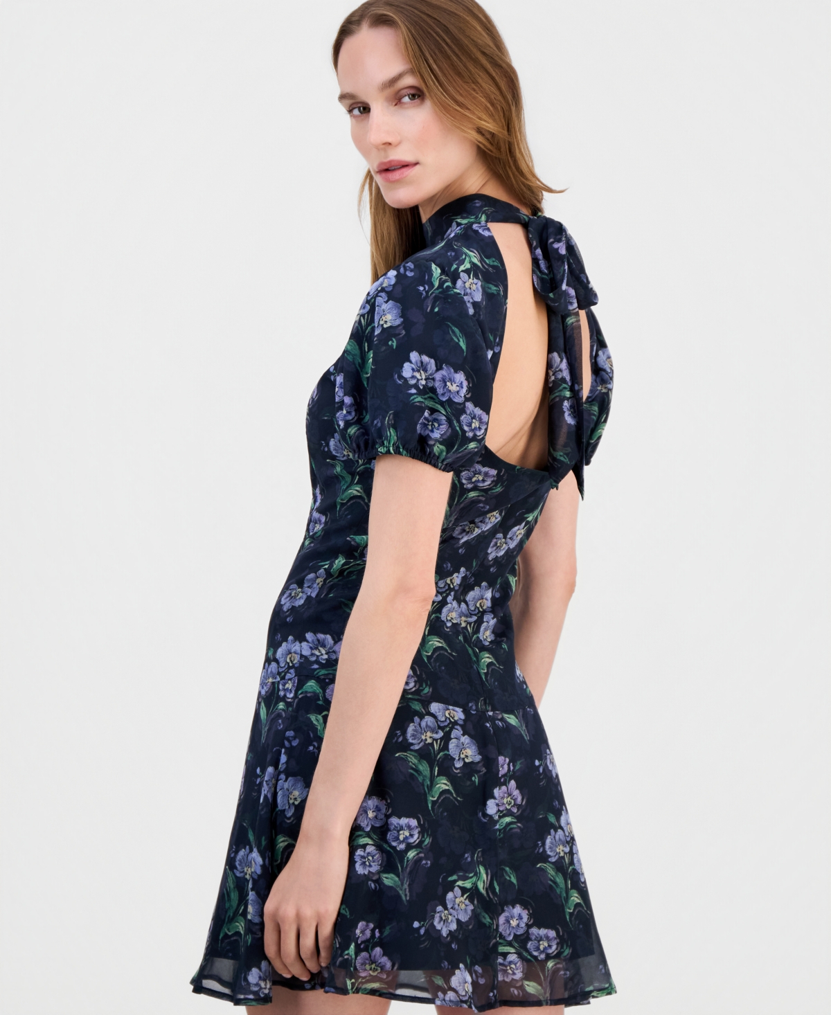 Lulus Juniors' Floral-Print Puff-Sleeve A-Line Lark Tie Back Mini Dress