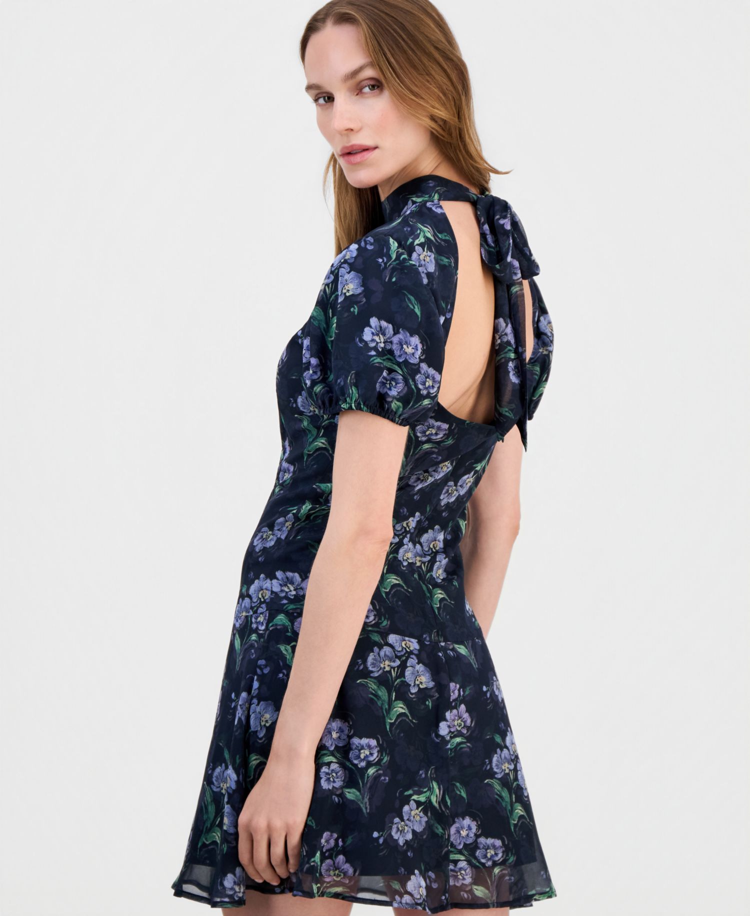 Floral-Print Puff-Sleeve A-Line Lark Tie Back Mini Dress
