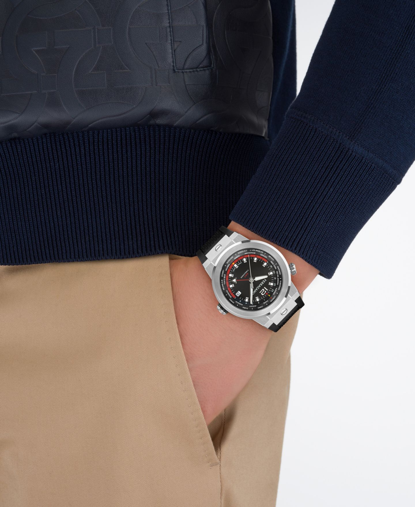 Мужские часы Ferragamo F-80 GMT Worldtime Black Stainless Steel Bracelet Watch 43mm — фото 5