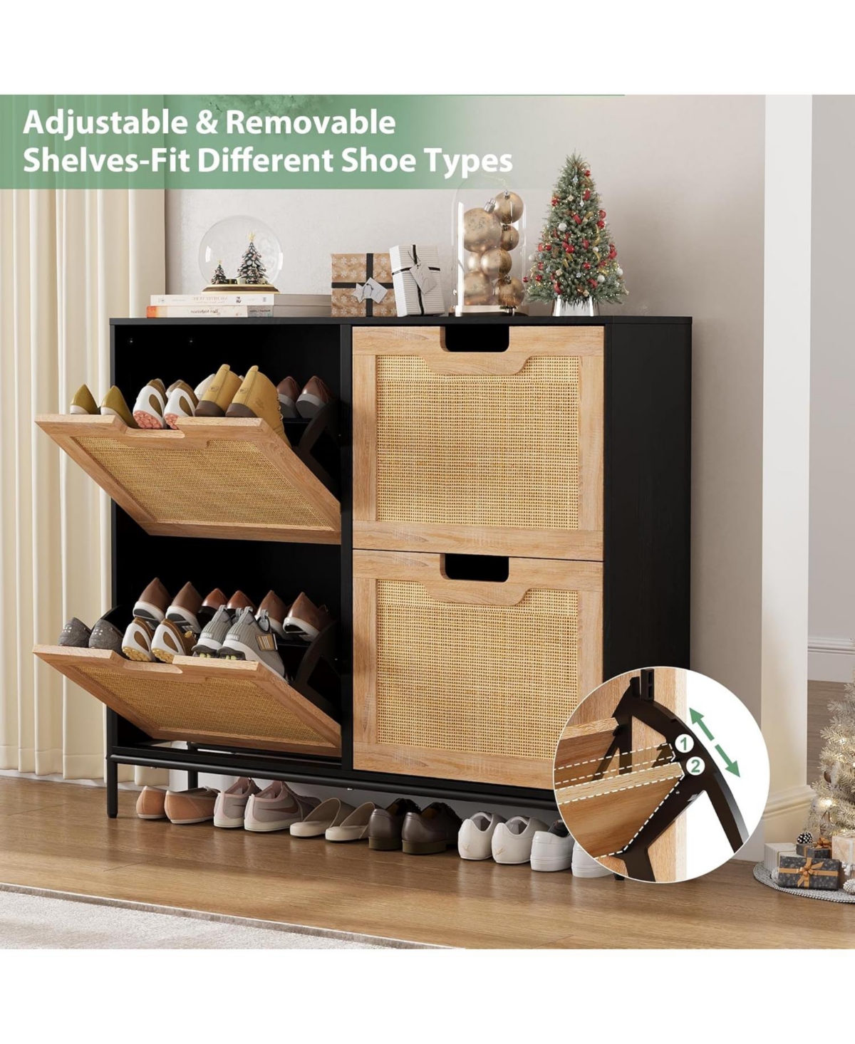 gaomon Rattan Shoe Storage Cabinet with 4 Flip Drawers, Narrow Freestanding Shoe Organizer for Entryway, Black