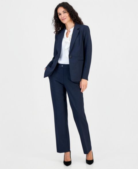 Женские комплекты Kasper Notch-Collar Jacket, Ruffled Sleeveless Blouse & Pull-On Straight-Leg Pants, цвет: Синий