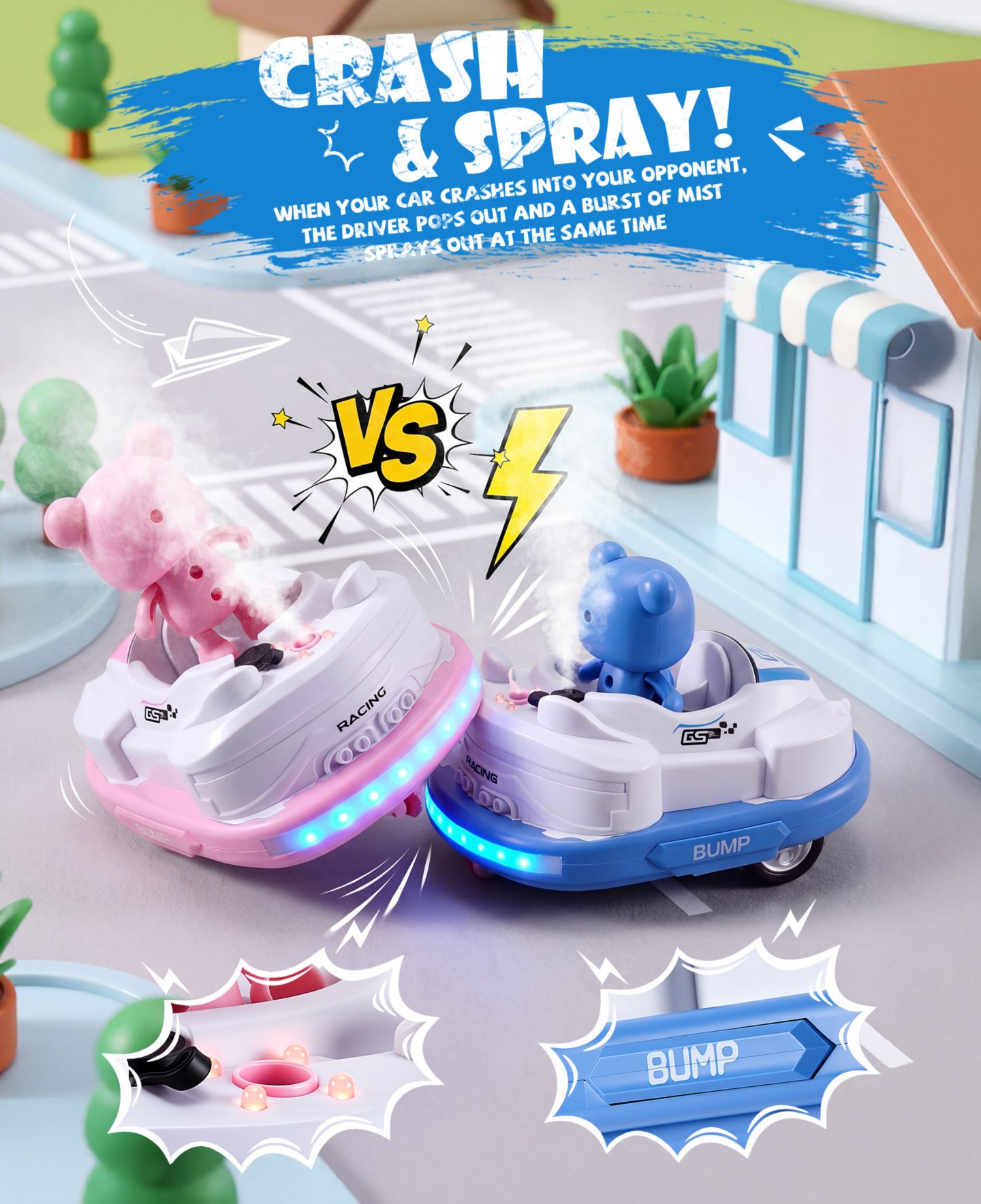 Детские игрушки SUGIFT RC Bumper Cars Toys 2 Pack Kids LED Battle Set with Pop Up Figures, цвет: Розовый / Синий — фото 5