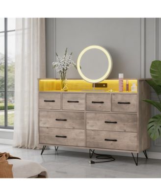 8-Drawer Dresser with Built-In Charging Station and LED Lights, Sturdy Engineered Wood Storage Organizer with Metal Legs, Easy Assembly