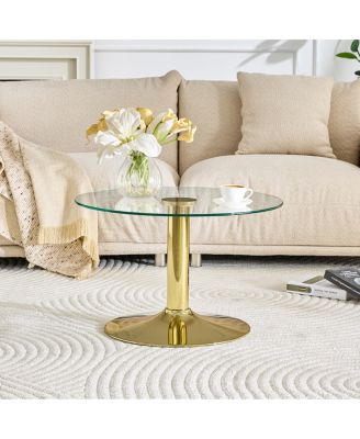 27.5'' Round Tempered Glass Coffee Table with Metal Base