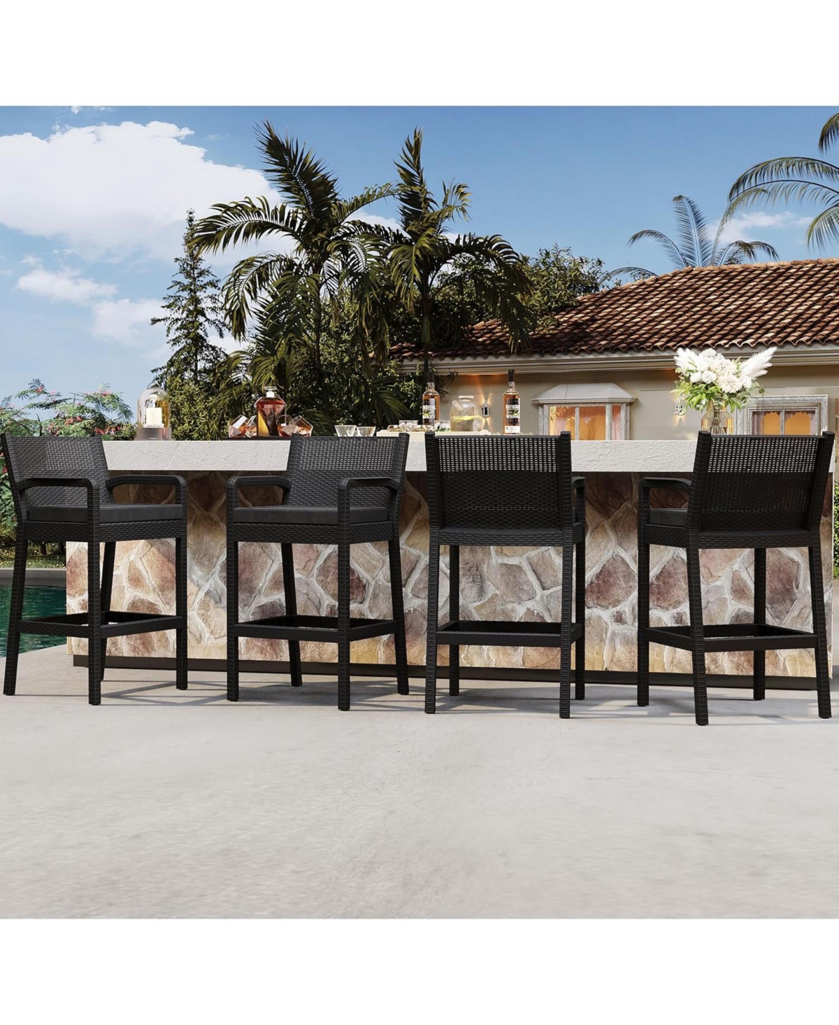 gaomon Set of 4 Wicker Bar Stools, 30 Inch Outdoor Counter Height with Thickened Cushions, Backrest and Footrest