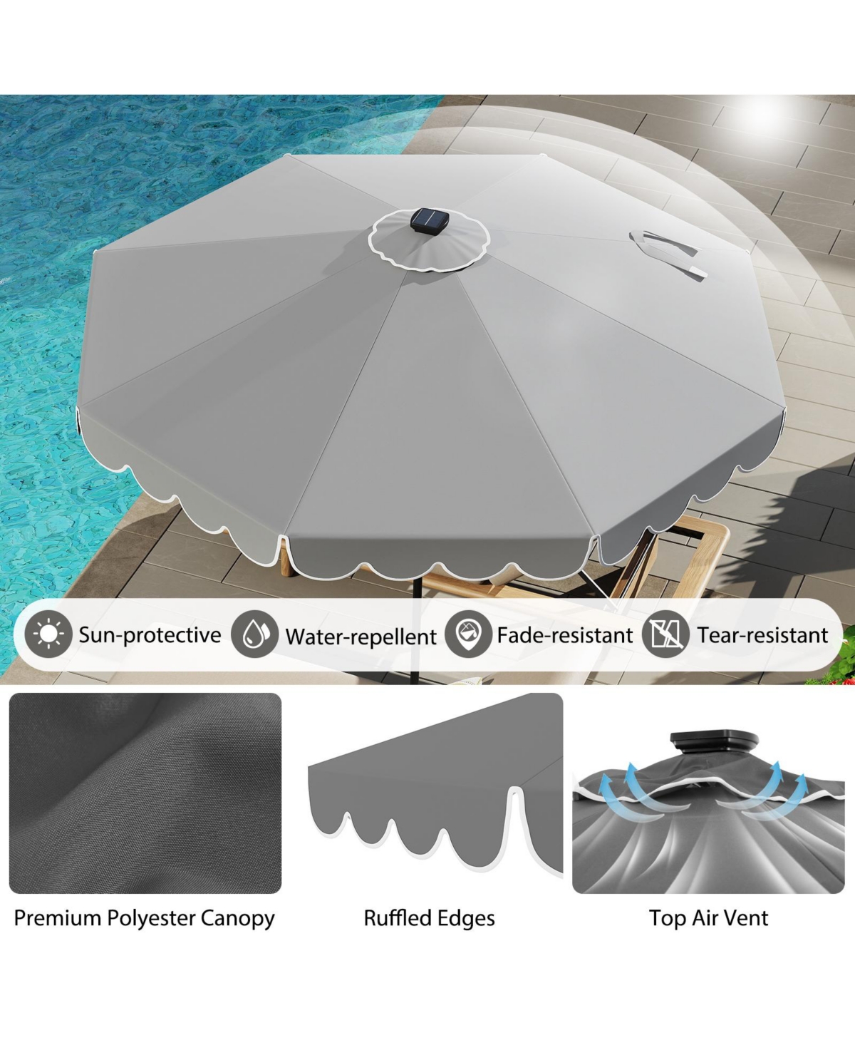 Sugift 10 ft Solar Patio Umbrella with 24 Led Lights Vented Top and Crank Lift