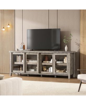 Sliding Glass TV Stand for TVs, Mid-Century Entertainment Center with Storage Cabinet
