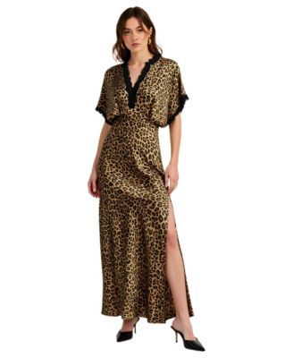 Women's Leopard Print Lace-Trim Plunging V-Neck Maxi Dress
