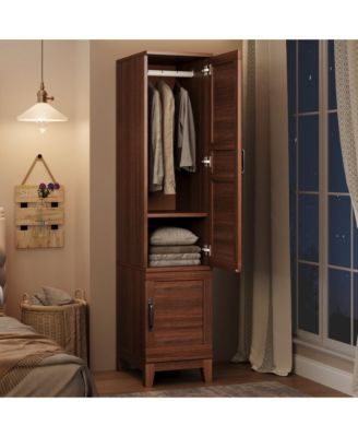 Heavy Duty Wooden Armoire Wardrobe Closet – 2 Doors, 72" Tall, Hanging Rod, 18 Adjustable Shelves, Narrow Bedroom Storage Organizer