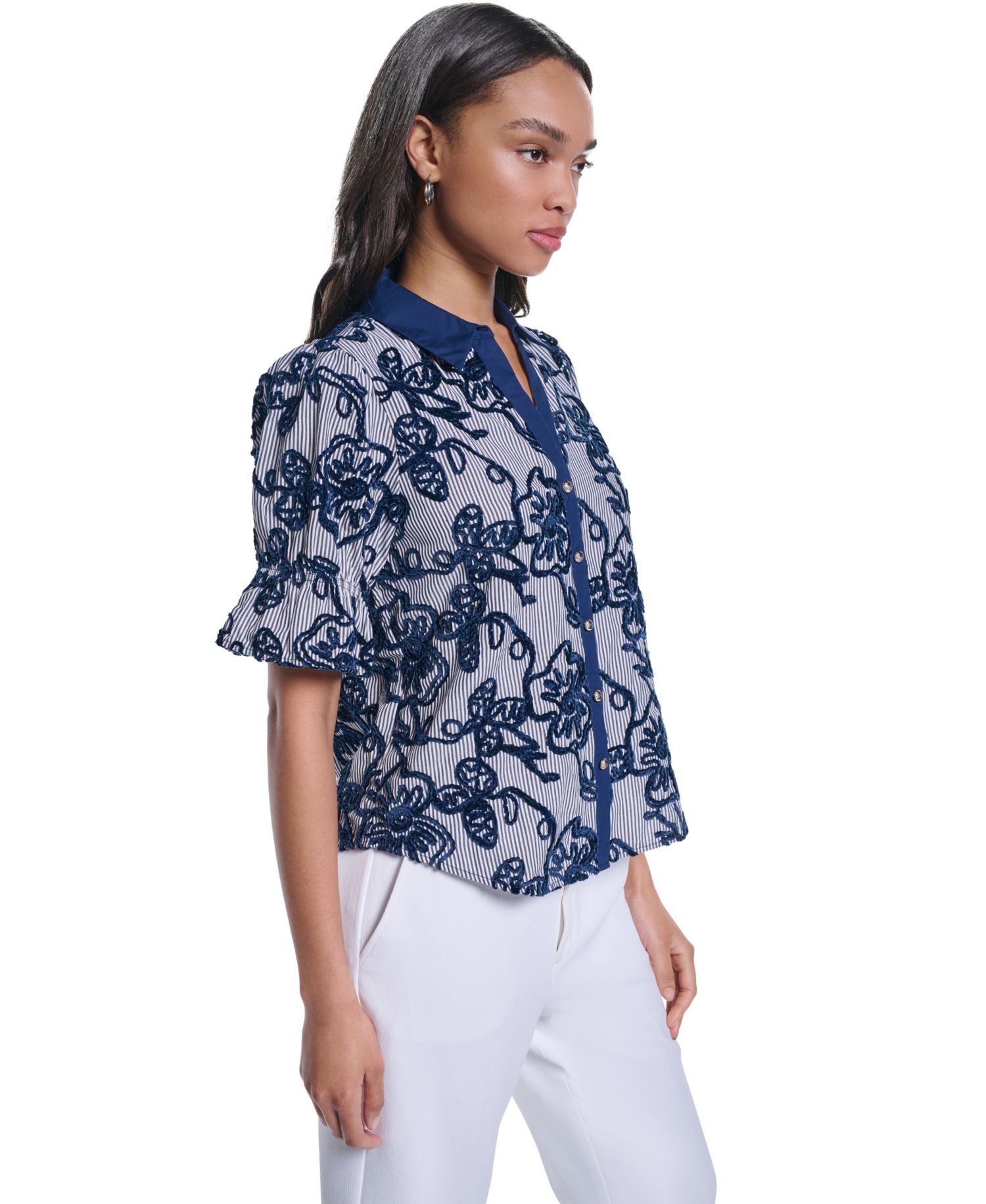 Women's Velvet Embroidery Button-Front Blouse