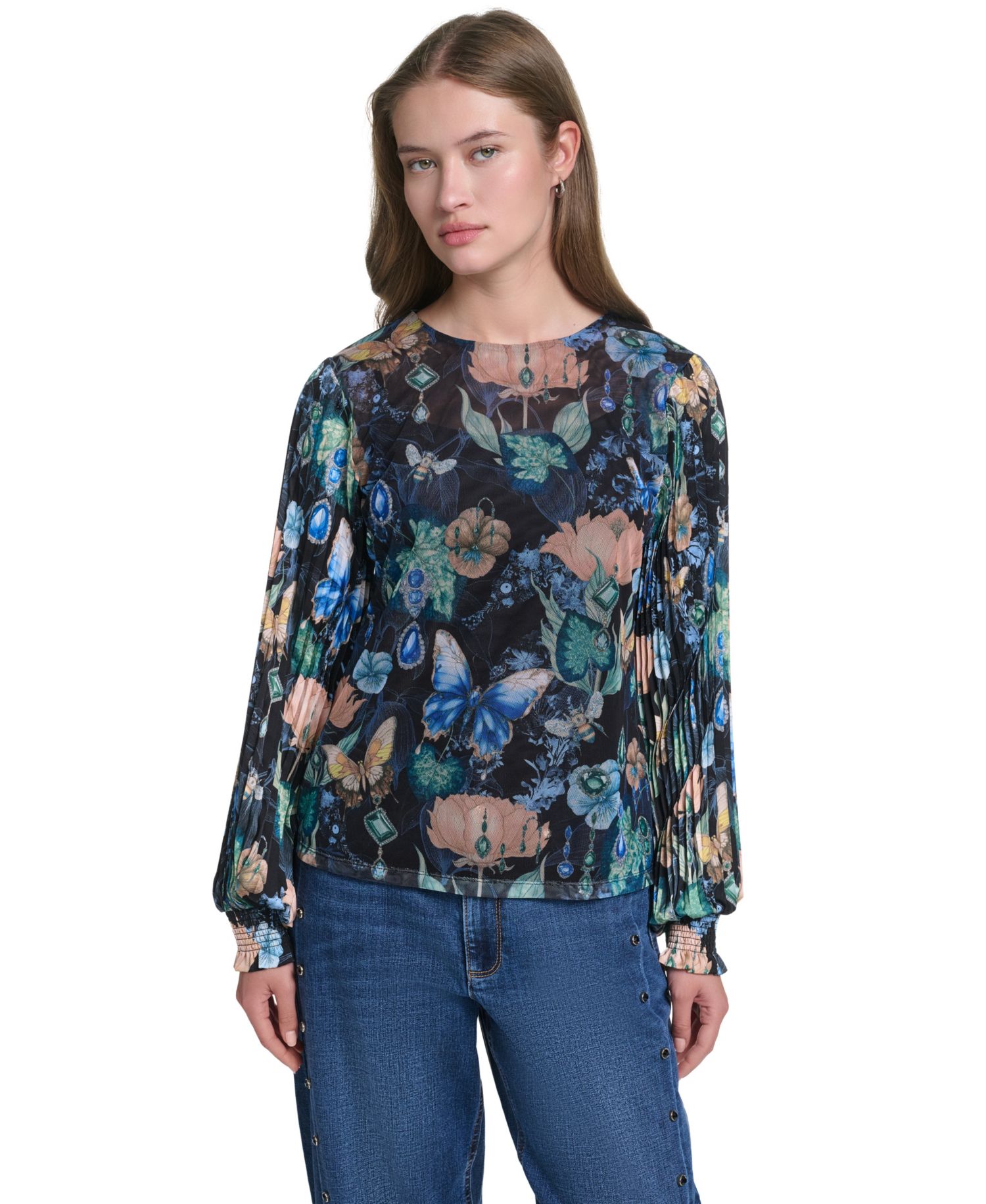 Women's Mixed Media Printed Mesh Top
