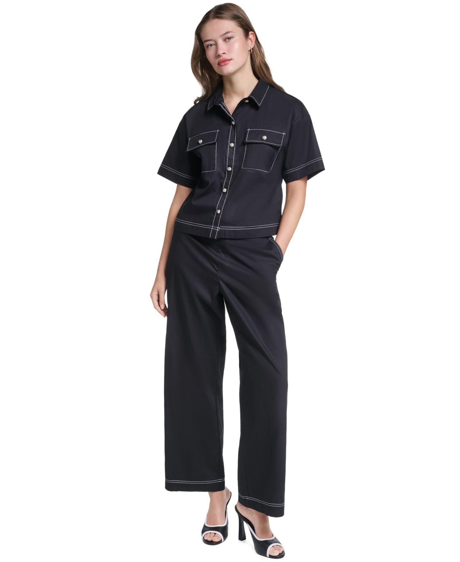 Women's Cropped Poplin Button-Front Blouse