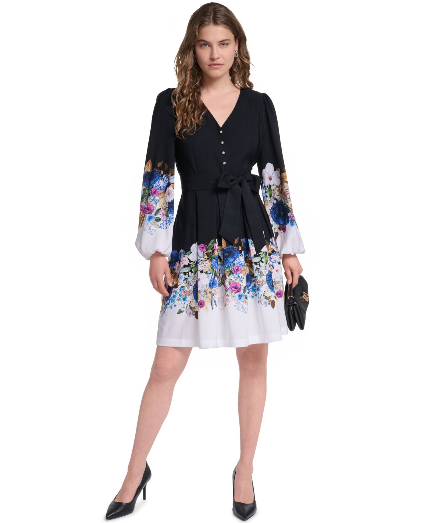 Women's Floral Long-Sleeve Self-Tie Button-Front Dress