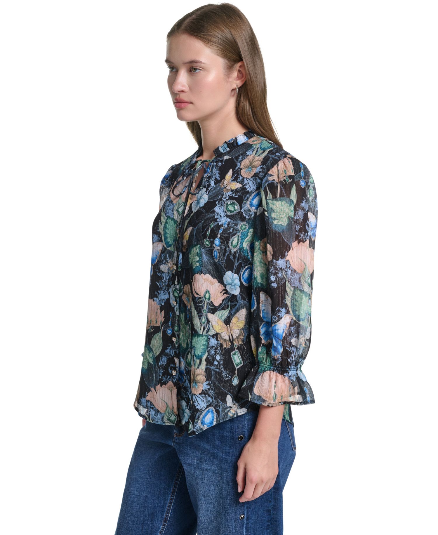 Women's Ruffle Collar Printed Chiffon Button-Up Blouse