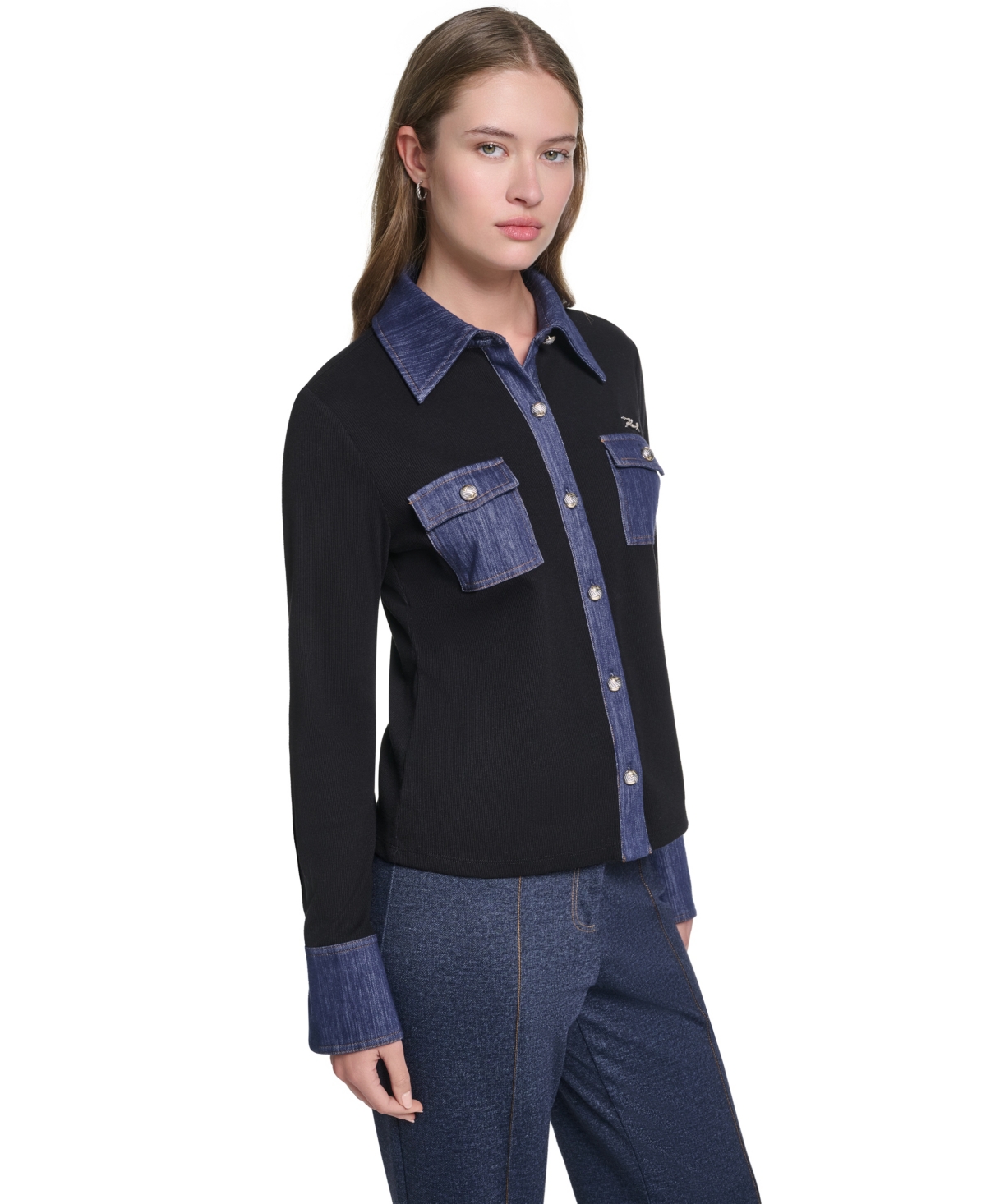 Karl Lagerfeld Paris Women's Denim Collar and Cuffs Knit Button-Up Sweater