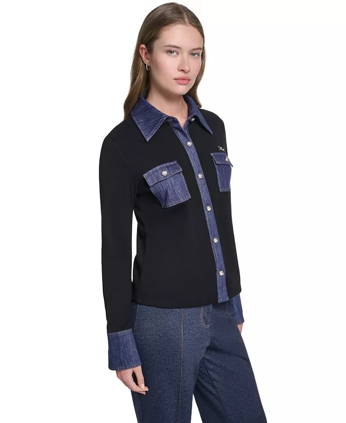 Women's Denim Collar and Cuffs Knit Button-Up Top - thumbnail 3