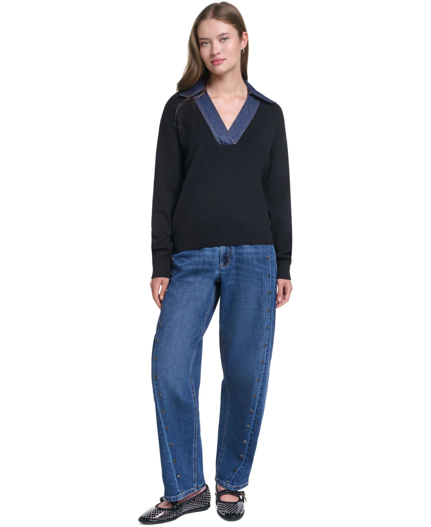 Women's Denim Collar V-Neck Sweater