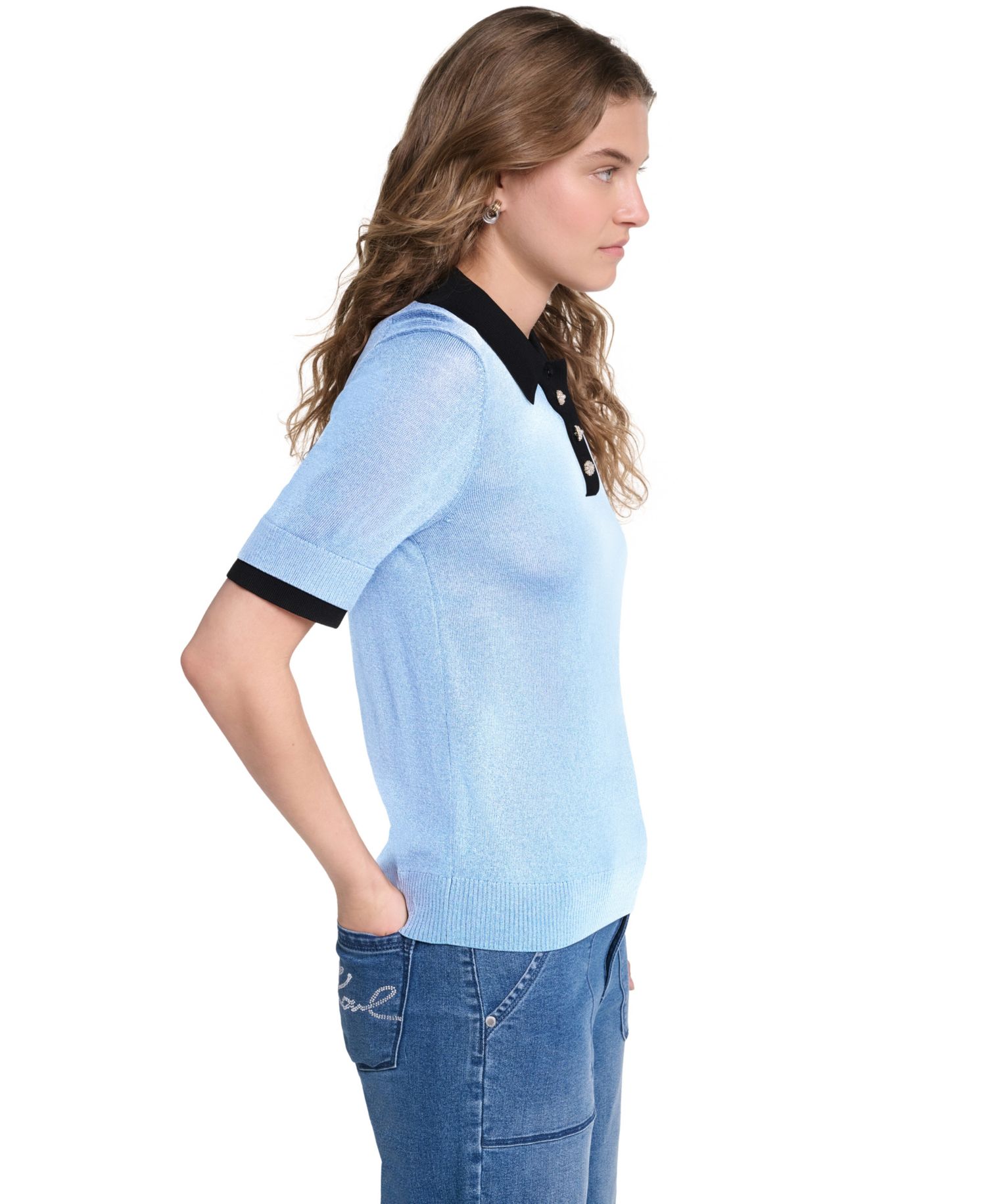 Petite Short-Sleeve Contrast Collar Sweater