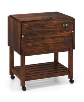 54 Quart Wooden Patio Cooler Cart Rolling Ice Chest with Folding Side Shelves