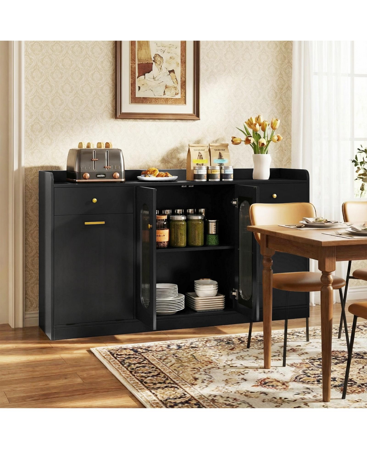 Costway 55" Large Buffet Cabinet with 2 Glass Doors, Drawers, Door Shelves for Kitchen
