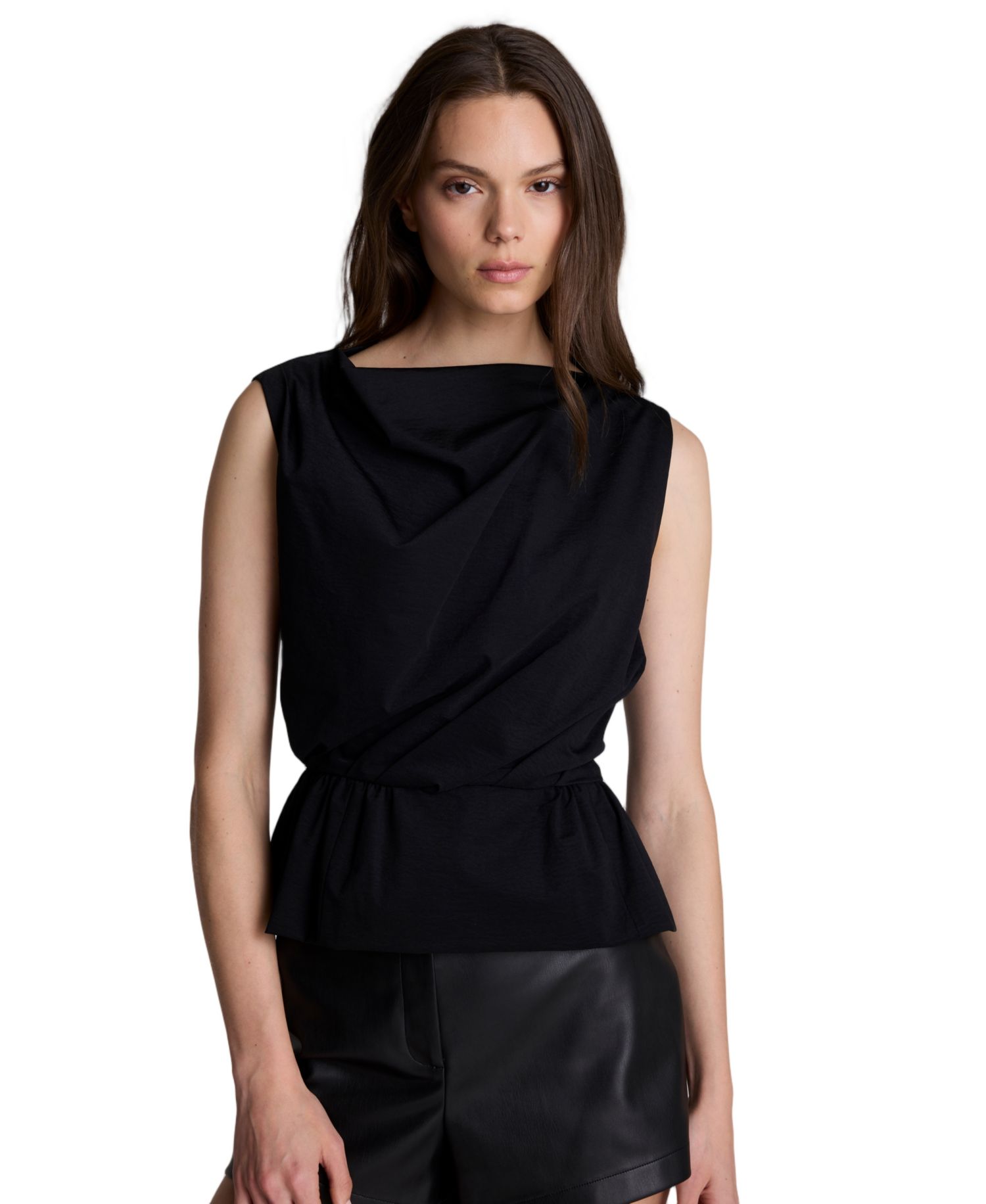 Women's Pleated Sleeveless Cowl Neck Peplum Top
