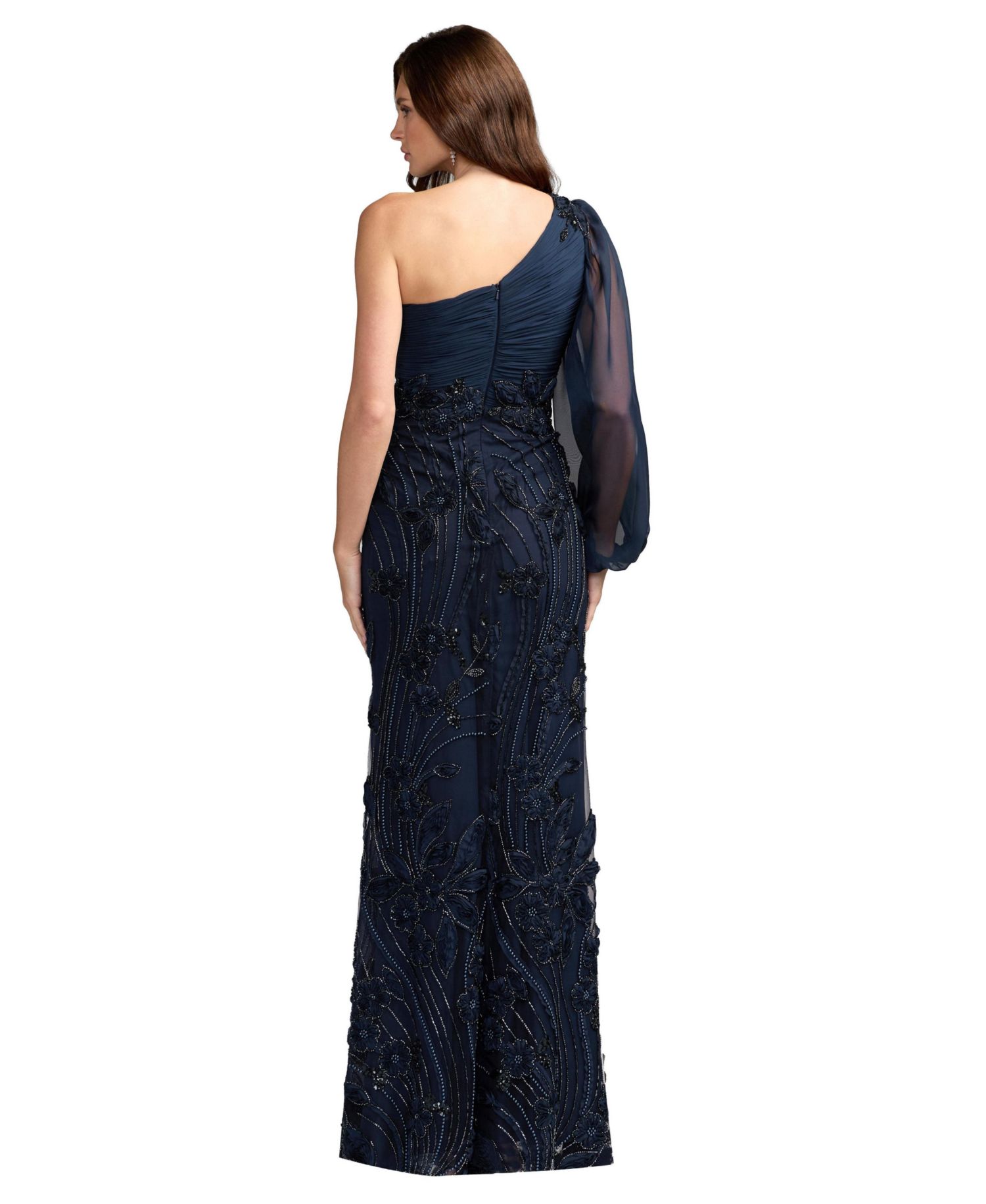 Petite One Shoulder Chiffon Gown with Embroidered Floral Skirt