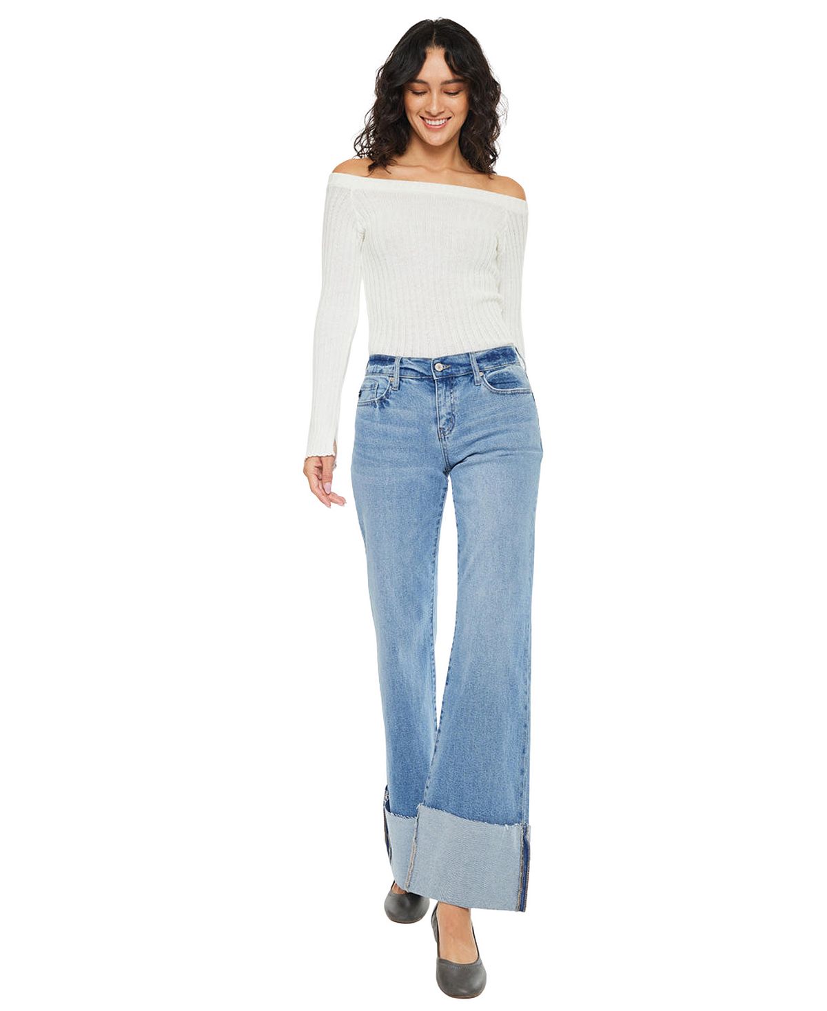 KanCan Women's Emma Mid Rise Wide Flare Jeans view 6 — MAYCSS fashion products