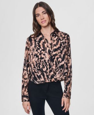Women's Printed Twist-Front Long-Sleeve Shirt