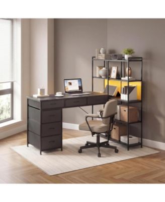 L Shaped Computer Desk, Office Desk with 6 Drawers and 5-Tier Open Shelves