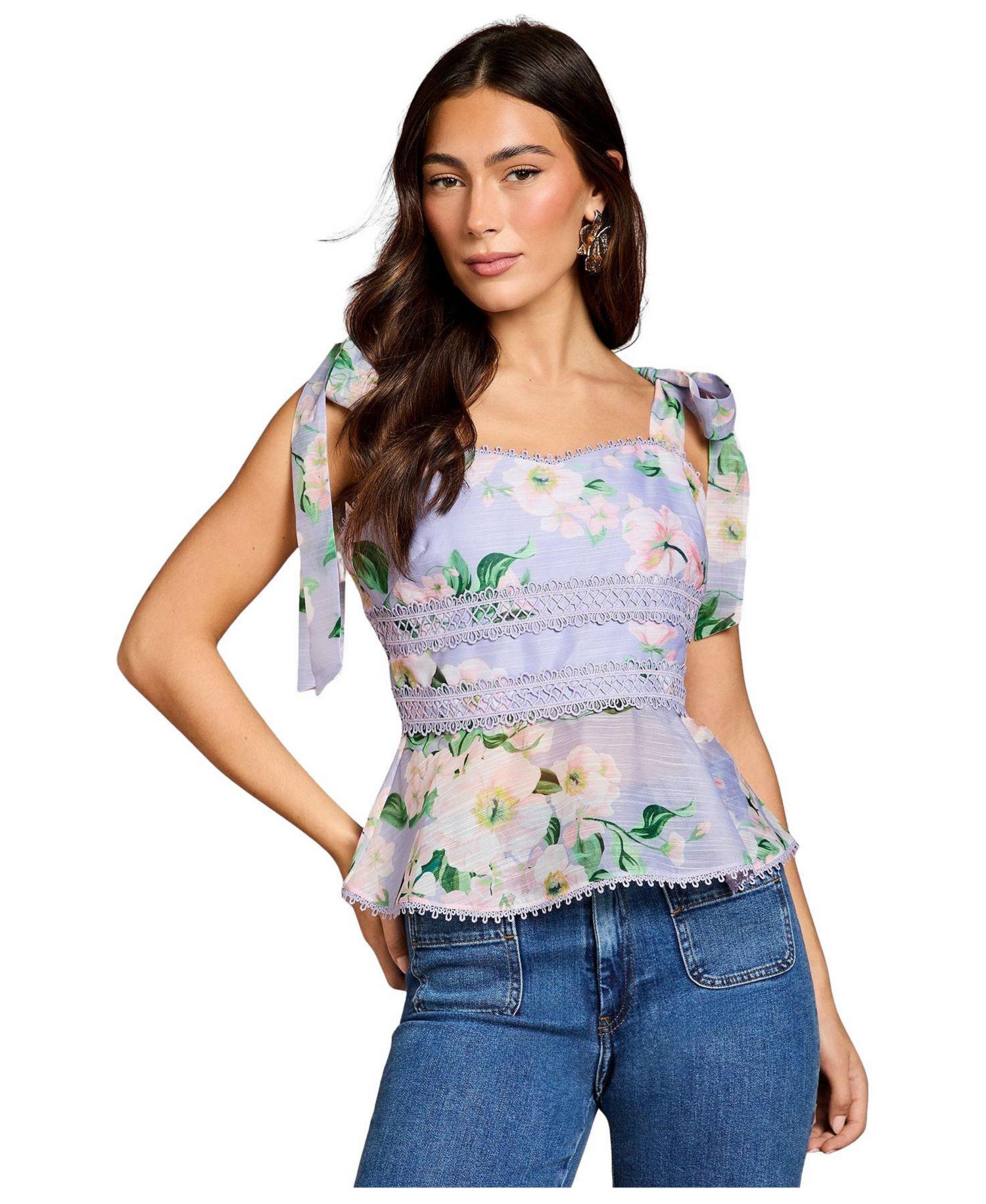 Women's Square Neck Bow Shoulder Peplum Top