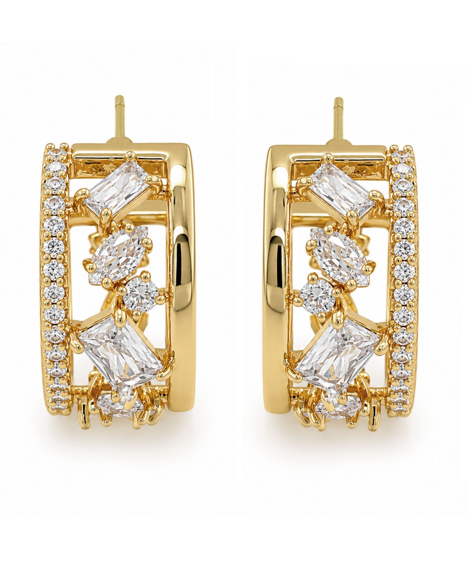 Cubic Zirconia Gold-Tone Plated Multi Stone Shape Hoop Earrings