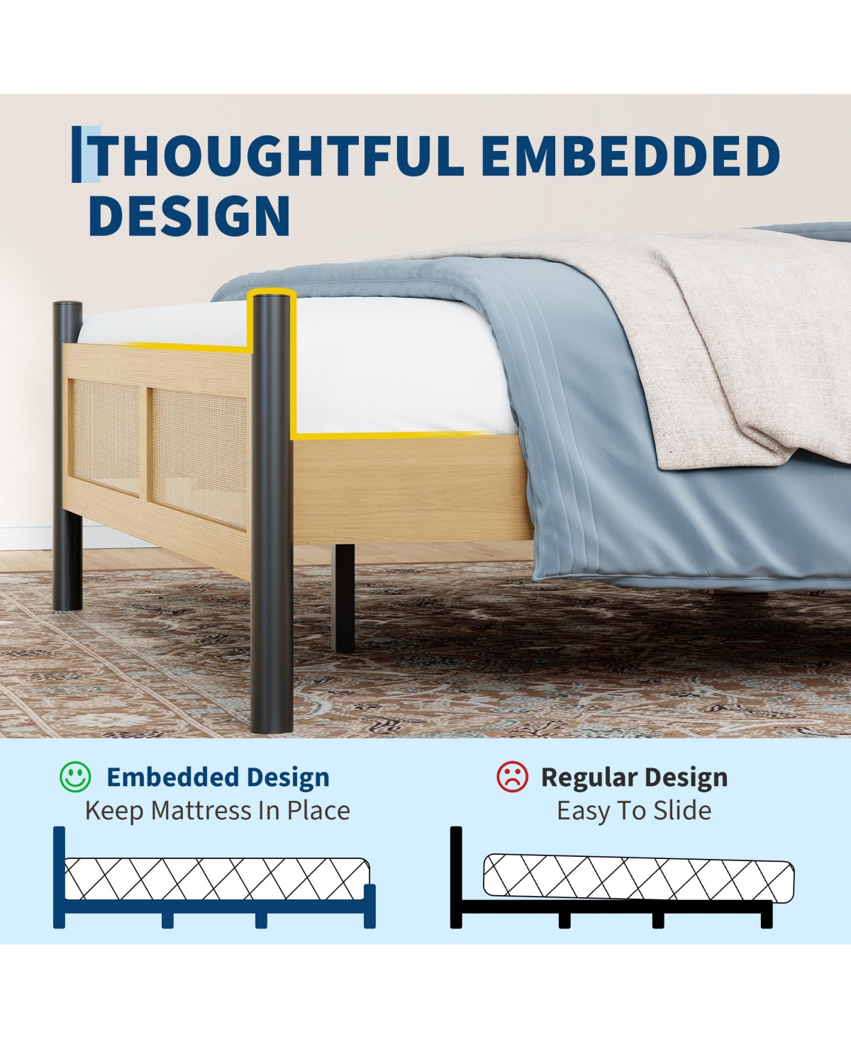 Gaomon Rattan Bed Frame with woven headboard and footboard, sturdy slatted support, no box spring needed, perfect for bedroom