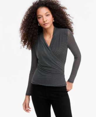 Women's Long-Sleeve Surplice Mesh Top