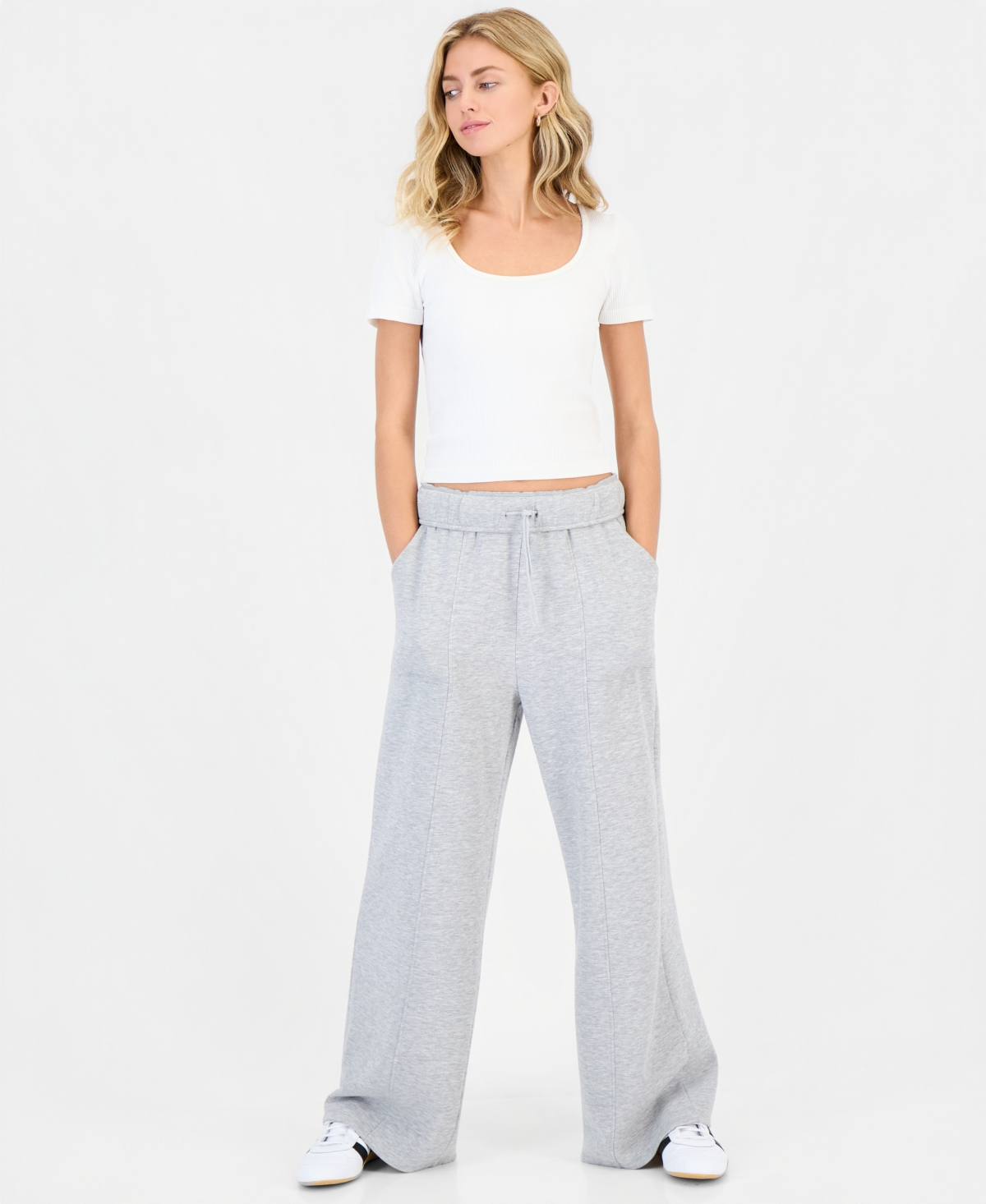 Planet Heart Juniors' Foldover High-rise Wide-leg Pull-on Fleece Pants In H Grey