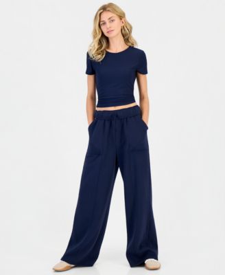 Juniors' Foldover High-Rise Wide-Leg Pull-On Fleece Pants
