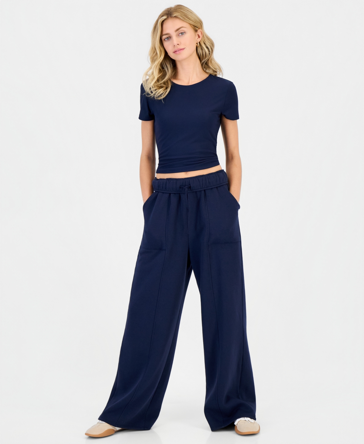 Planet Heart Juniors' Foldover High-rise Wide-leg Pull-on Fleece Pants In Navy