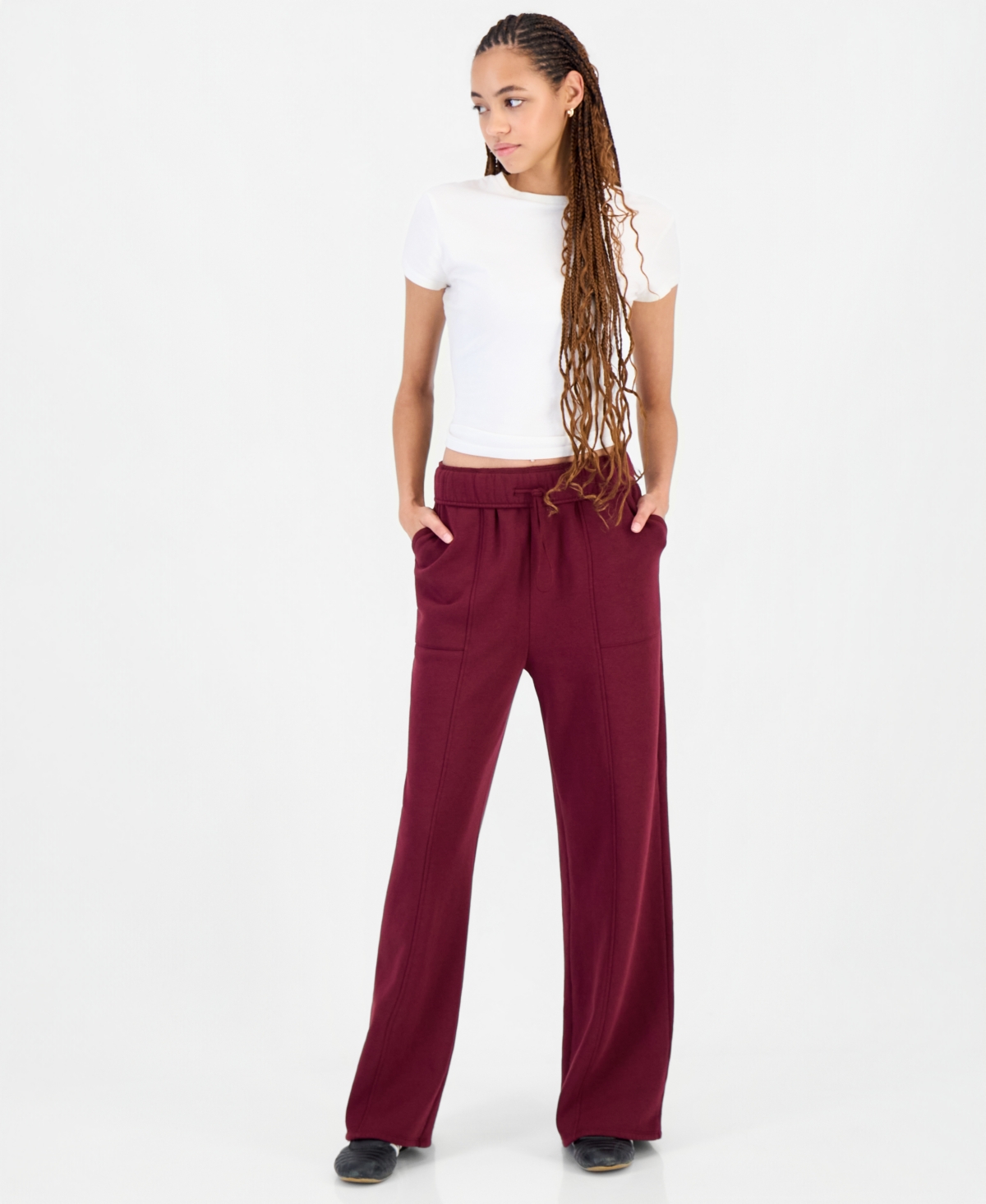 Planet Heart Juniors' Foldover High-rise Wide-leg Pull-on Fleece Pants In Windsor Wine