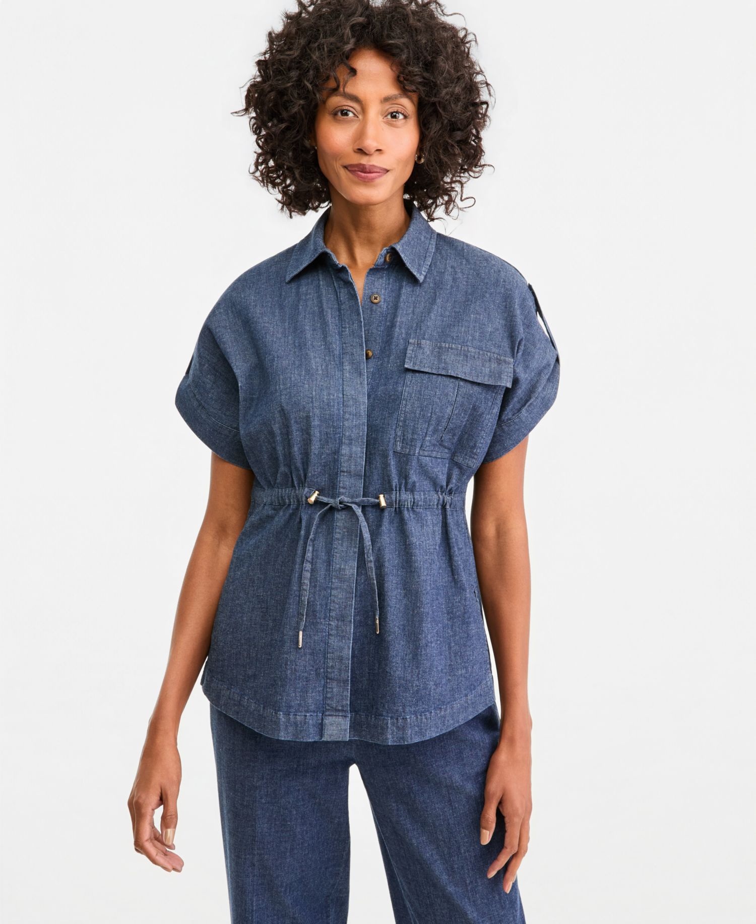 Women's Button-Front Cinch Waist Shirt