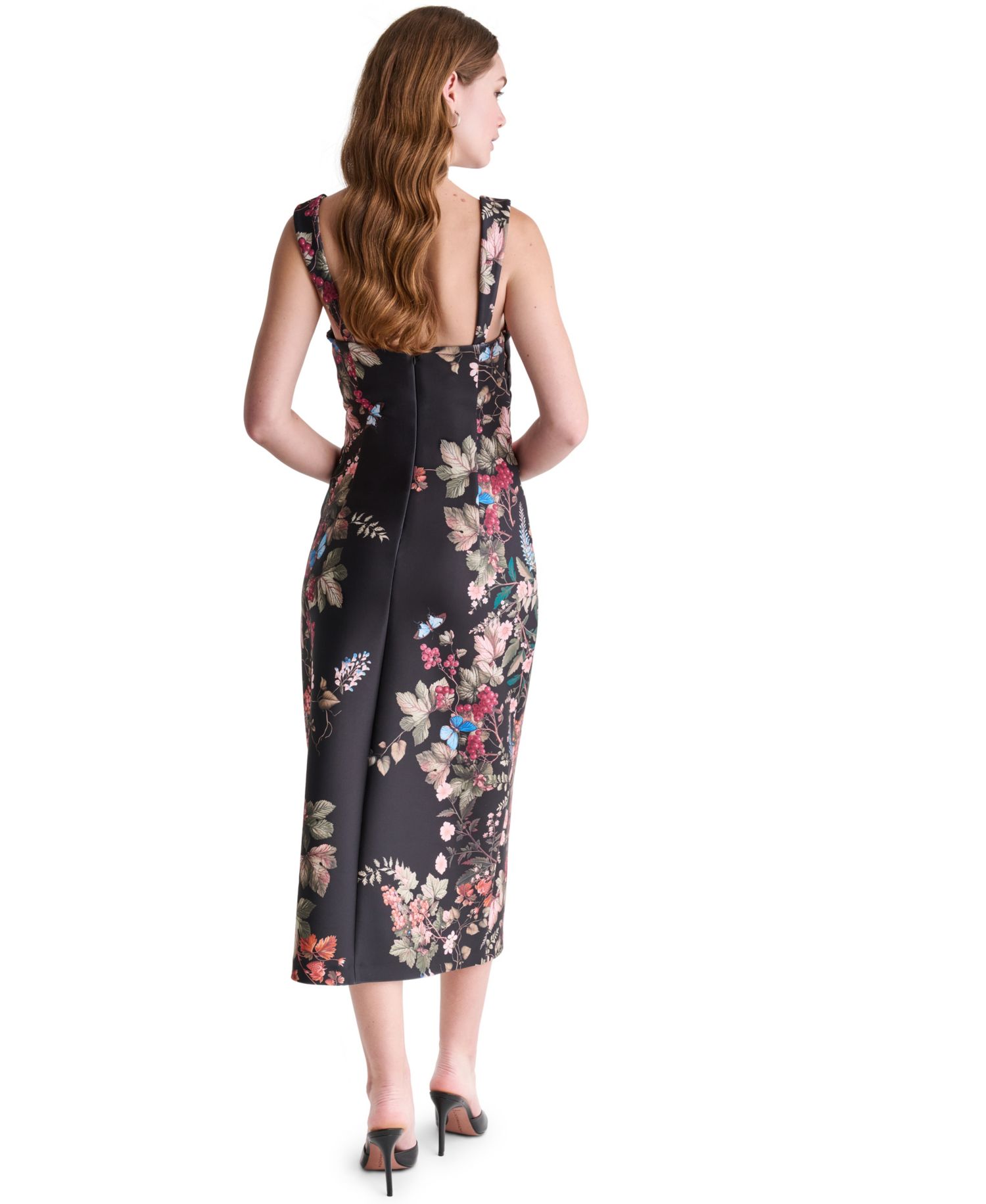 Women's Floral Print Square Neck Satin Midi Dress