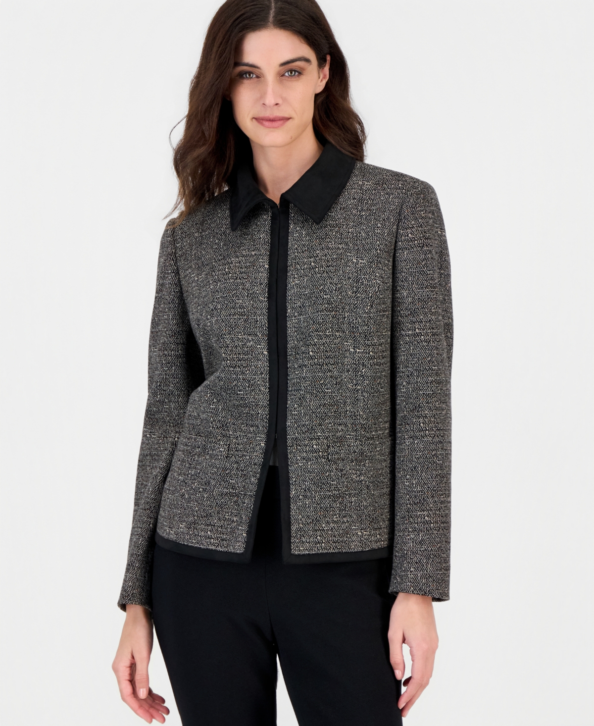 Kasper Women's Shoulder-padded Cardigan With Contrast Combo Binding In Black Multi